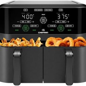 Chefman 6 Quart Dual Basket Air Fryer - Digital Touchscreen, Smart Sync Finish, Hi-Fry, Auto Shutoff, 2 Independent 3QT Nonstick Dishwasher-Safe Frying Baskets - Digital Double Air Fryer - Black