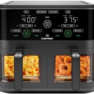 CHEFMAN 6 Quart Dual Basket Air Fryer Oven with Easy View Windows, Sync Finish, Hi-Fry, Auto Shutoff, 2 Independent 3Qt Nonstick Dishwasher Safe Frying Baskets, Digital Double Air Fryer - Black