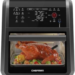 CHEFMAN ExacTemp™ 12 Quart 5-in-1 Air Fryer with Integrated Smart Cooking Thermometer, 28 Touchscreen Presets, Rotisserie, Dehydrator, Bake, XL Convection Oven with Auto Shutoff, Black